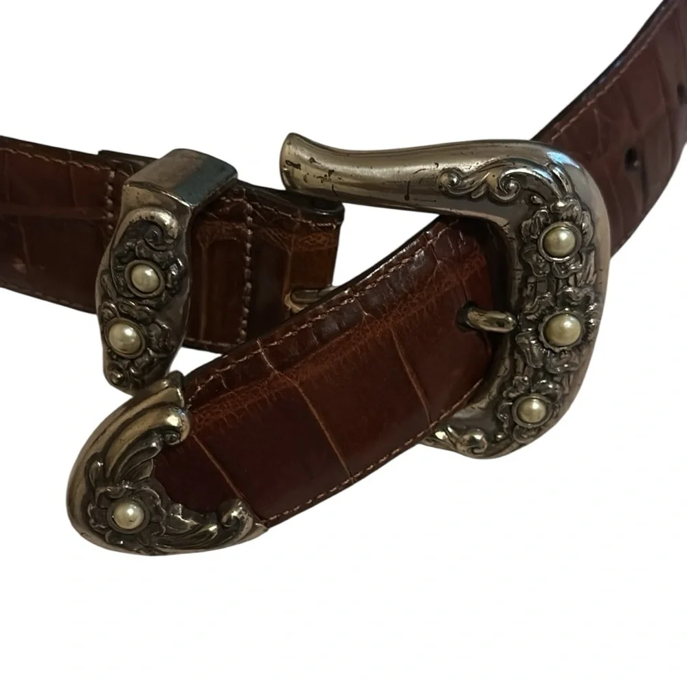 Brighton Brown Leather Belt with Pearl Like Ornate Silver Buckle Style #M 23507